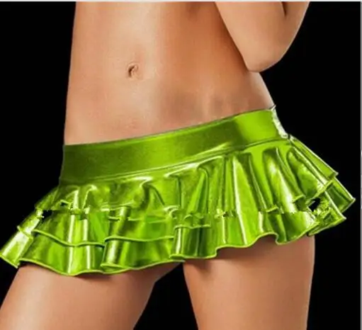 

5pcs Blue,Black,Gold,Silver,Rose Red 5 Colors Sexy Luminous Miniskirt Women Metallic Faux Leather Pleated Mini Skirt