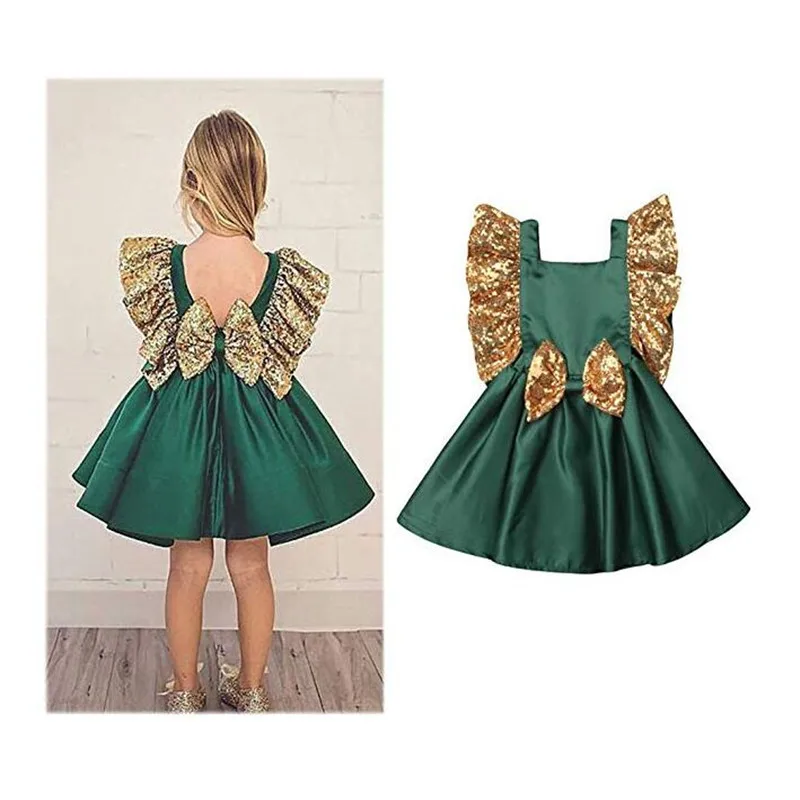 

Toddler Baby Girls Ball Gown Princess Dress Cotton Ruffle Sequin Sleeves Bowknot Backless Fall Summer Party Green Formal Dresses