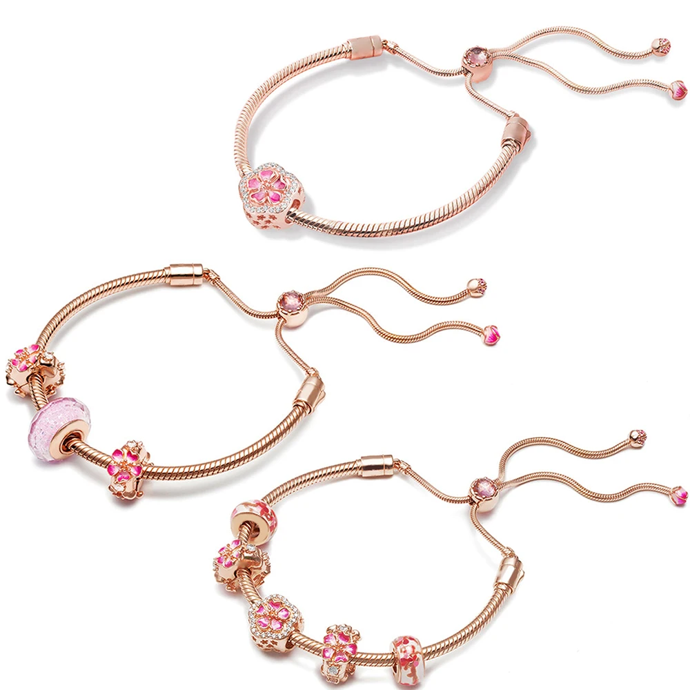 

Kristie 100% 925 Sterling Silver Romantic Peach Strings Joint Bracelet Present Portrait Golden Rose Good Original Jewels