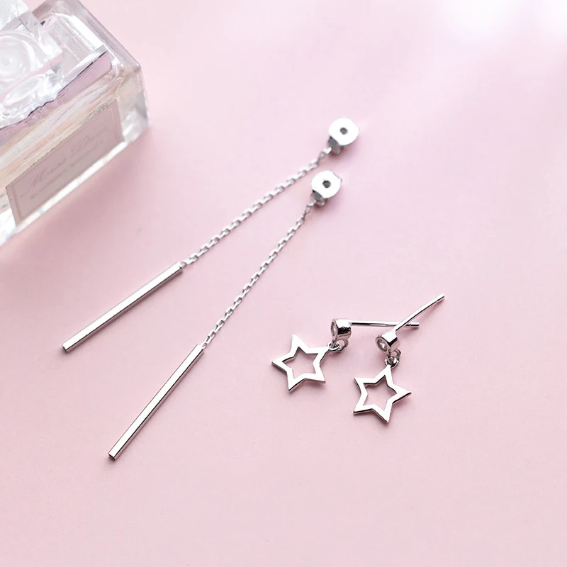 

MloveAcc Real 925 Sterling Silver Drop Earrings for Women Unique Modeling Star Shape Fashion long Tassel Earring Female Jewelry