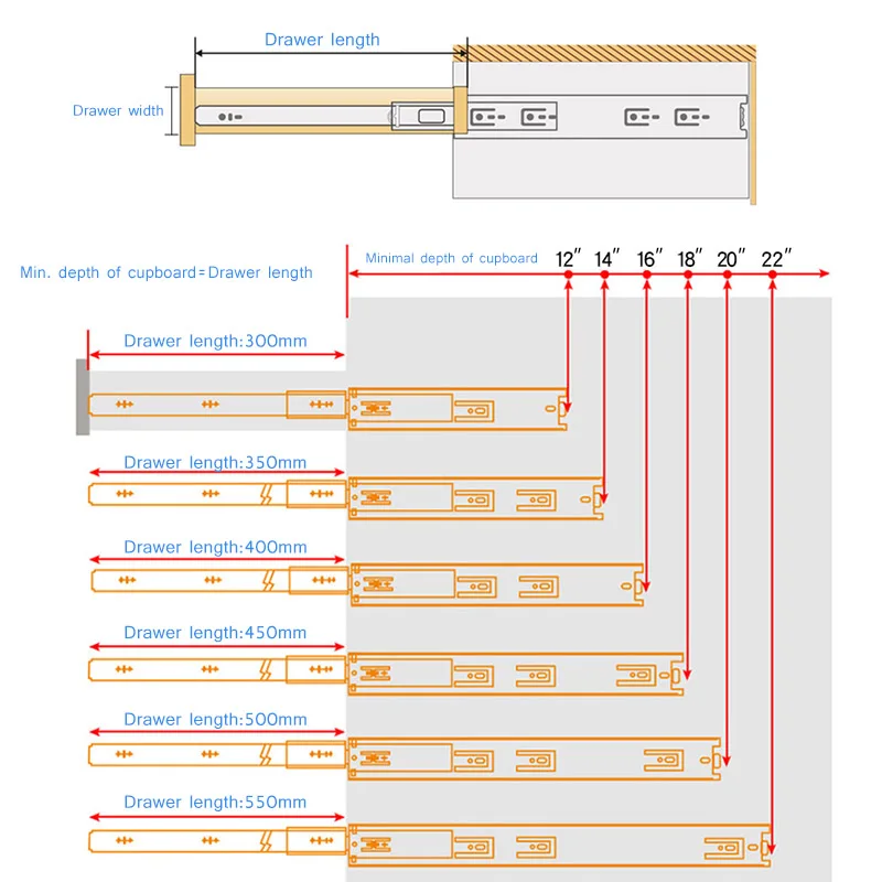 1 пара 12/14/16/18/20/22 дюймовый выдвижной ящик орбиты направляющие для шкафа тумба мебель для бегунов ящиками шариковые подшипники скольжения буфера- M25