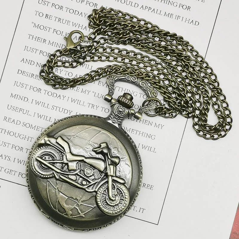 

Bronze Motorcycle Quartz Pocket Watch Necklace Pendant Vintage Motorbike MOTO Pattern Carving Fob Watch Unisex Gifts
