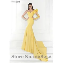 Sexy One Shoulder Long Sleeve Evening font b Dresses b font with Bow Yellow Satin Mermaid
