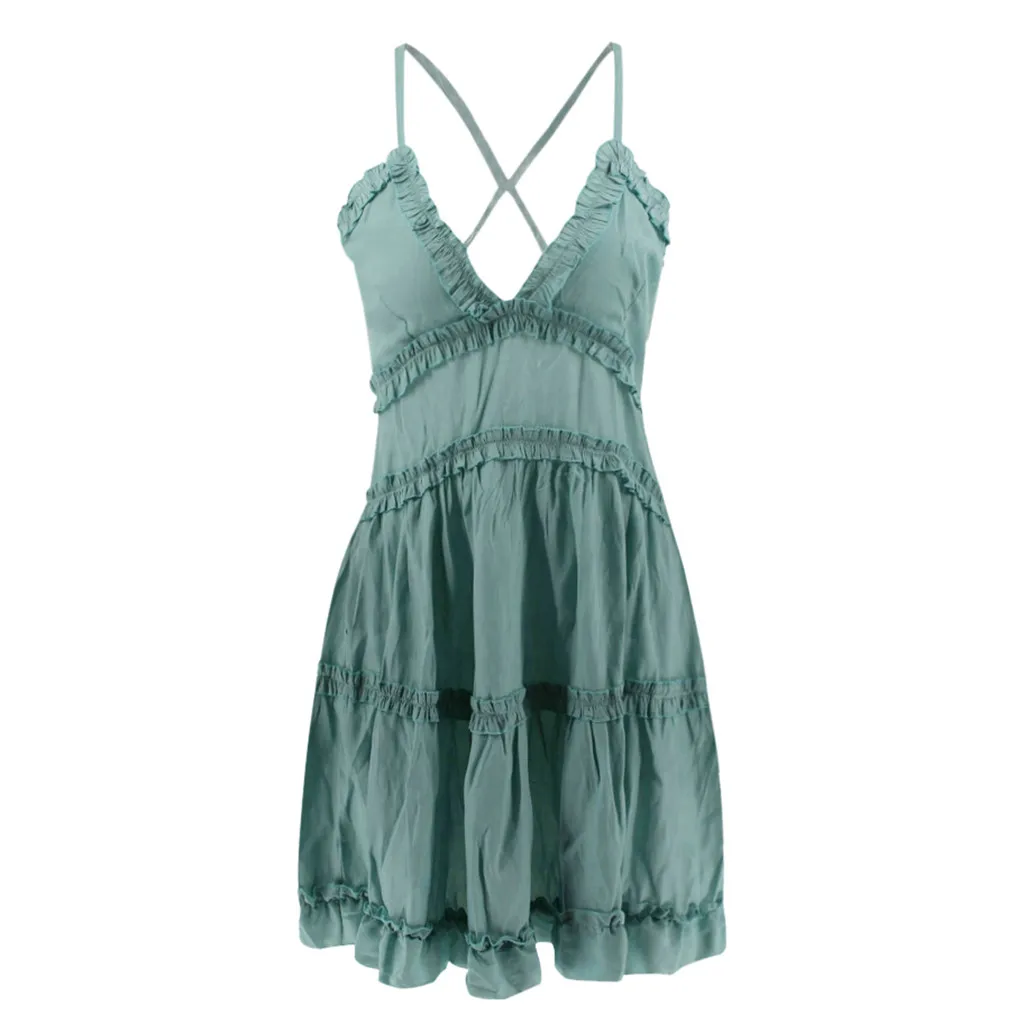 Новые модные женские летние праздничные платья Falbala без застежки летнее платье мини сексуальное мини-платье без рукавов с v-образным вырезом - Цвет: Green