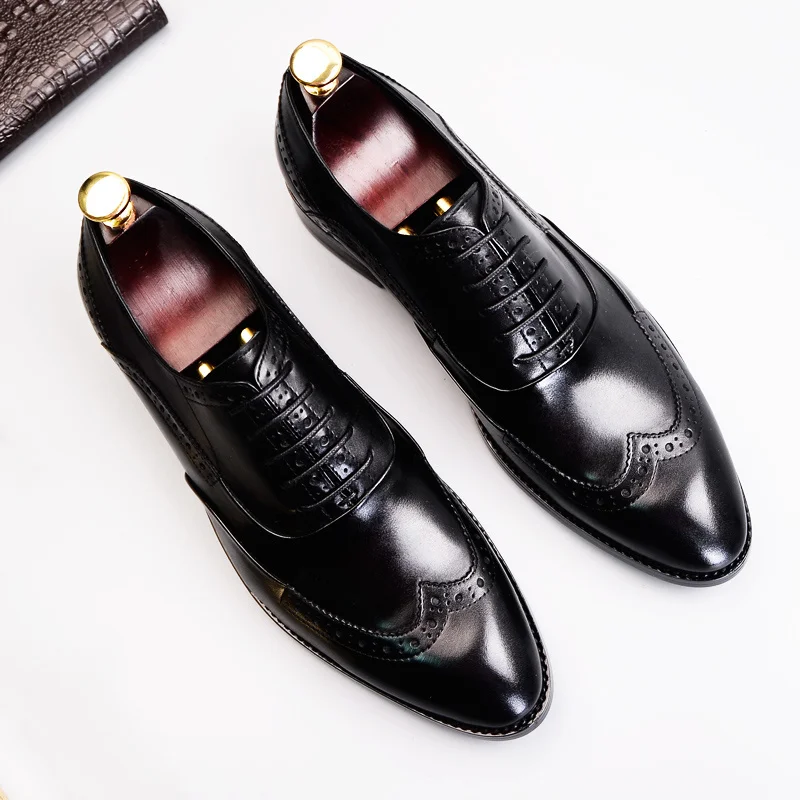 Phenkang/Мужская официальная обувь; мужские туфли-оксфорды из натуральной кожи; Цвет Черный; коллекция года; модельные туфли; свадебные туфли; Кожаные броги на шнурках - Цвет: Black