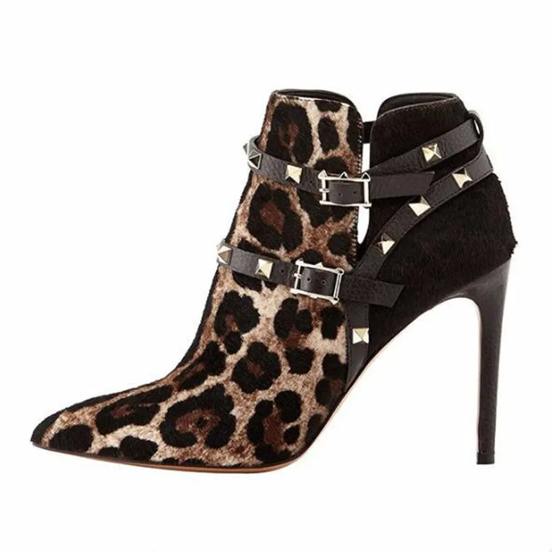 

Fashion large size high heel women's boots leopard suede rivet large size boots Pointed stiletto booties boty