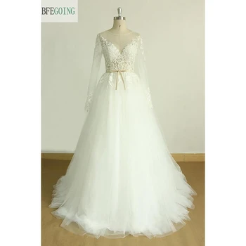 

Tulle Lace Appliques Floor-Length A-line Wedding dress Chapel Train Backless Long Sleeves Real/Original Photos Custom made