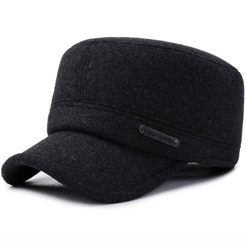 

HT2066 Men Baseball Cap Thick Warm Wool Caps for Men Flat Top Army Military Cap Winter Baseball Hat Elder Man Adjustable Dad Hat