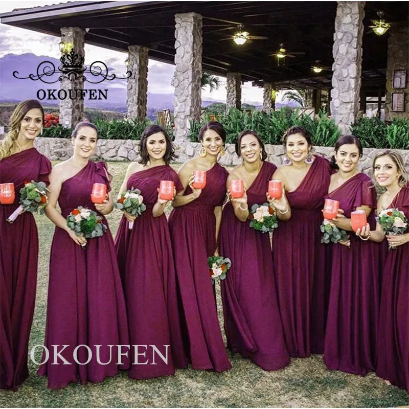 

2019 Ruffles One Shoulder Bridesmaid Dresses For Women Burgundy Chiffon A Line Cheap Long Formal Dress For Wedding Party Gown