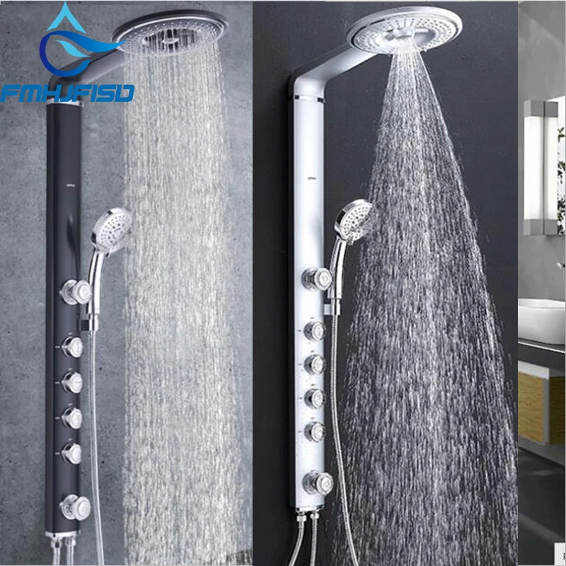 

Bathroom Shower Black White Bath Shower Faucets Set Wall Mount Faucet Mixer Waterfall ABS Panel Massage jets Shower