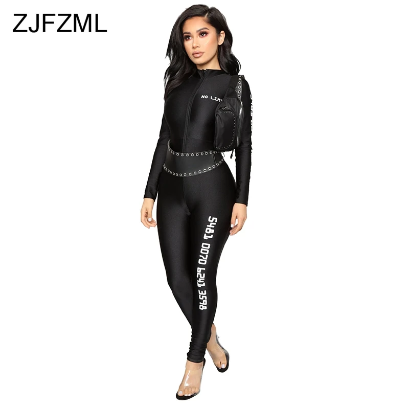 Black Letter Print Sexy Bandage Overall For Women Front Zipper Long Sleeve Party Romper  Casual Biker Skinny One Piece Jumpsuit