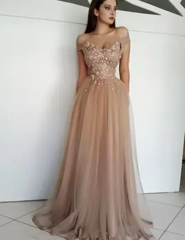 

Chic Champagne Evening Dress Off The Shoulder Floor Length Tulle Appliques Prom Dresses Long Elegant Party Evening Gowns 2019