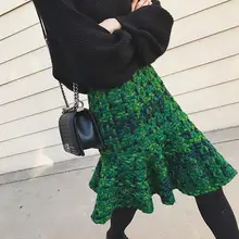 2018 spring Women Tweed Skirt Knitting High Waist Thickened Slim Plaid Skirt Trumpet Ruffles Hem skirt Q07Skirt Saias 2018 Q05