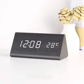 

Black White Digital Clock LED Alarm Clock Sound Control Electronic Desktop Table Digital Display Thermometer Wood USB Home Decor