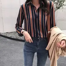 2019 Fashion Women Striped Print Loose Lapel Blouse Vintage Long Sleeve Casual Shirt 2019 Fashion Women Striped Print Loose Lapel Blouse Vintage Long Sleeve Casual Shirt