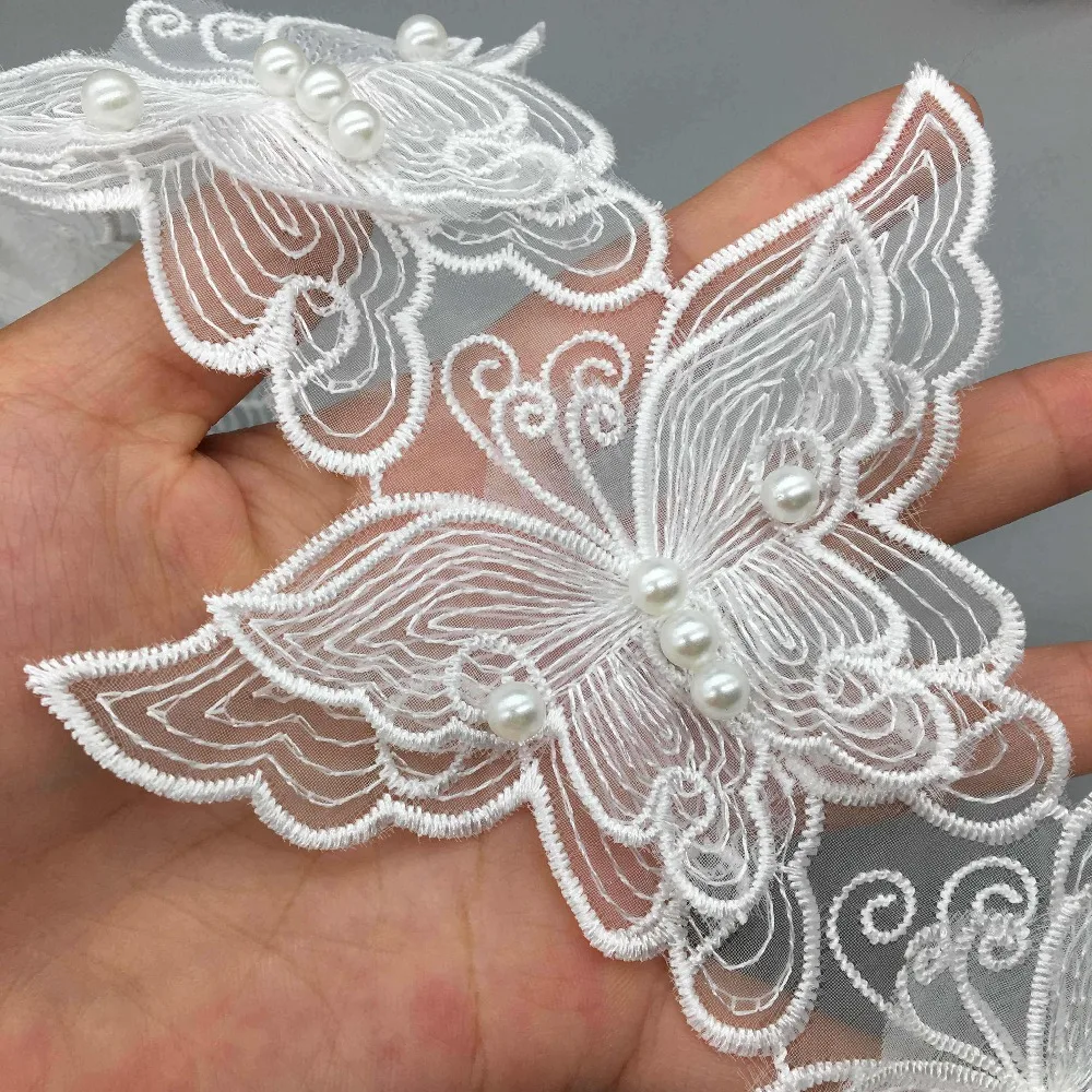10pcs Organza Butterfly Pearl Trim Applique Lace Trimmings Beads Ribbons Sewing