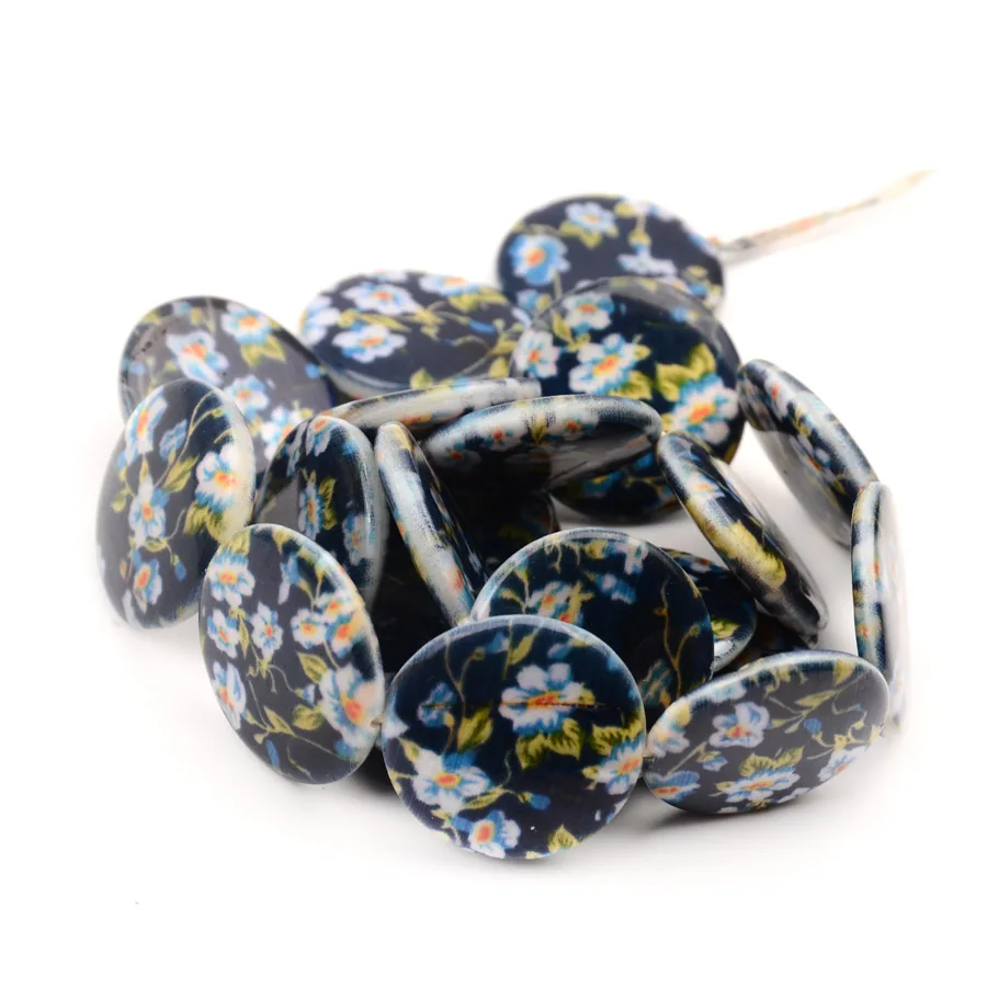 20mm Flat Round Printed Flowers Shell Beads Natural Loose Spacer Shell Stone Beads For DIY Jewelry Making Bracelet Necklace (2)