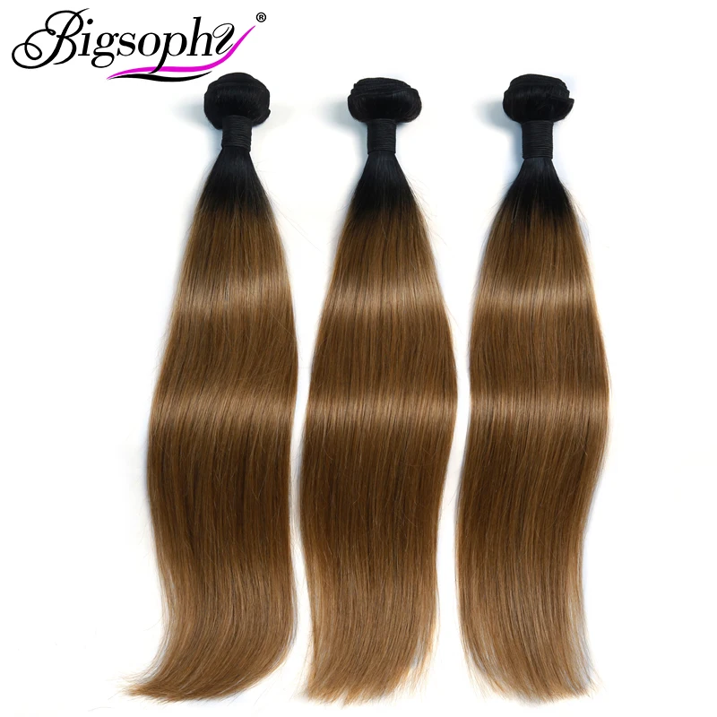 Bigsophy Hair Straight Peruvian Hair Weave Bundles 3pcs Human Hair Extensions Ombre Color 2 Tone 1B/27 Top Remy Hair