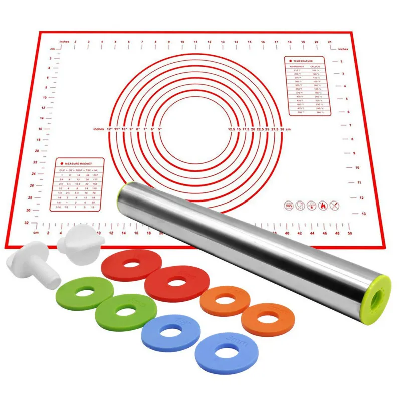Регулируемая Скалка из нержавеющей стали силиконовый коврик для выпечки кондитерских изделий валик для теста с кольцами помадка нескользящий вкладыш