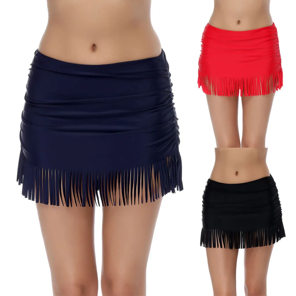 

The latest tassel swimming trunks Women Solid Bikini Swimwear Brief TrunksTwisted Ruched Pant Skirt Full Covera