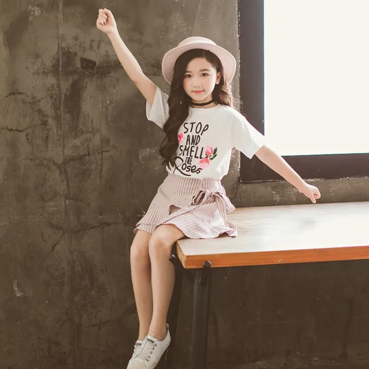 2019 Summer Children Clothing Set For Teenage Girls Fashion Letter Flower Tshirt Ruffles Skirt 2Pcs Kids Clothes Suit 10 12 Year (8)