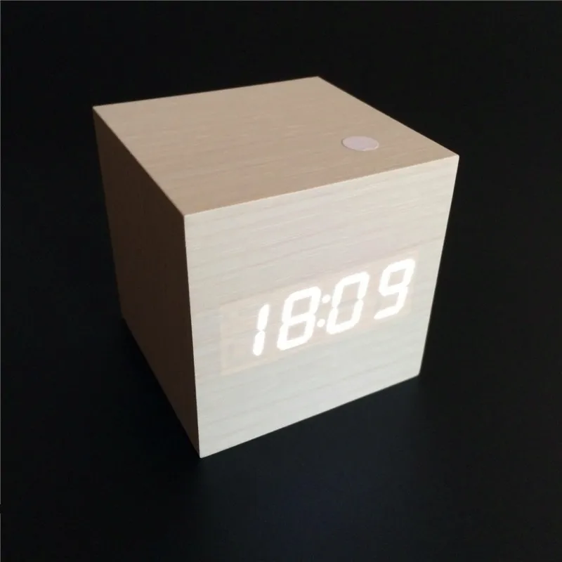 Лидер продаж! Мини звуковой контроль Деревянный Будильник часы, светодиодный дисплей с термометром и календарем, цифровые кубические часы SKU-NOABEQ - Цвет: white-clock-white