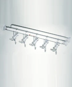 

M270004S Manifold, double, hollow glass stopcocks, spherical joints,Number of ports:4 Overall width:375mm