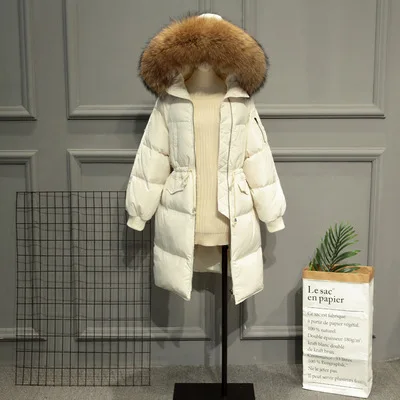 Зимняя куртка, Женская парка, пальто Feminina, длинный пуховик с меховым воротником, длинный пуховик с капюшоном, Женская куртка, женский пуховик - Цвет: beige raccoon fur