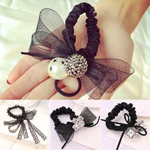 Черное кружево галстук-бабочка волос группа веревка Scrunchie хвост держатель повязка на голову головные уборы горячая