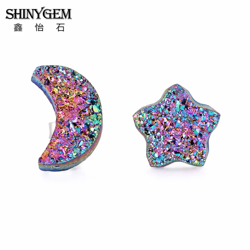 Серьги гвоздики ShinyGem 10 мм Druzy асимметричные серьги с Луной и звездой сверкающие