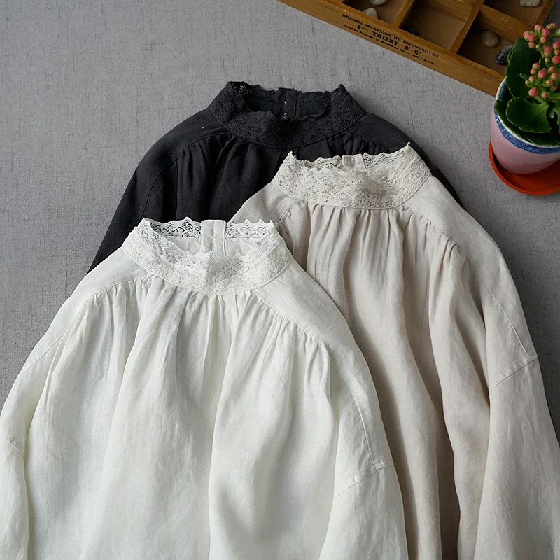 

Spring Autumn Women Casual Ultra Loose Plus Size Japanese Style Lace Patchwork Comfortable Water Washed Linen Shirts/Blouses