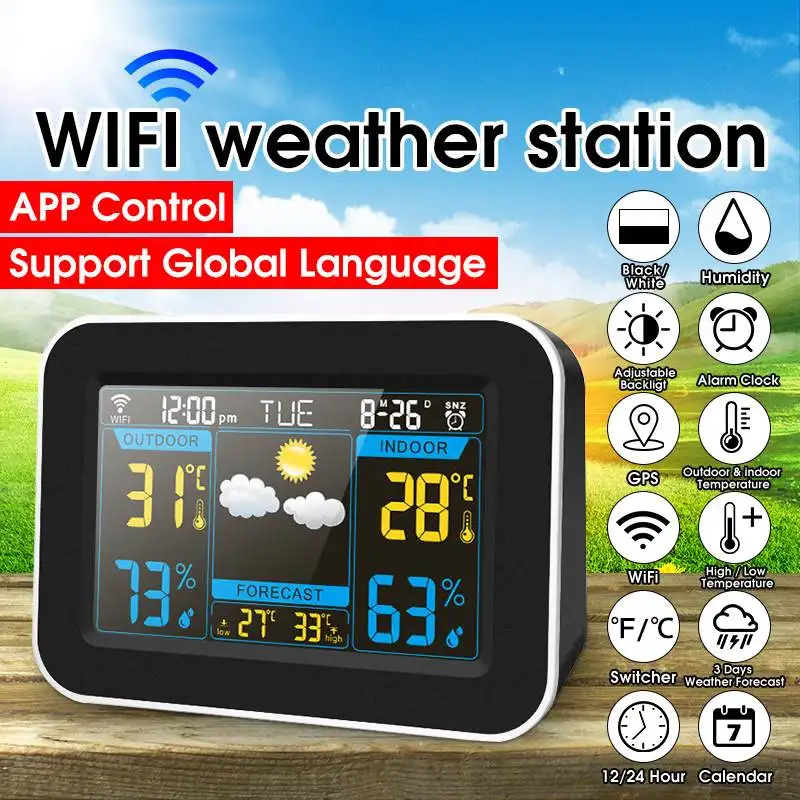 Color WiFi Weather Station Thermometer Hygrometer Snooze Clock Sunrise Sunset LCD Screen Display APP Control Global Language