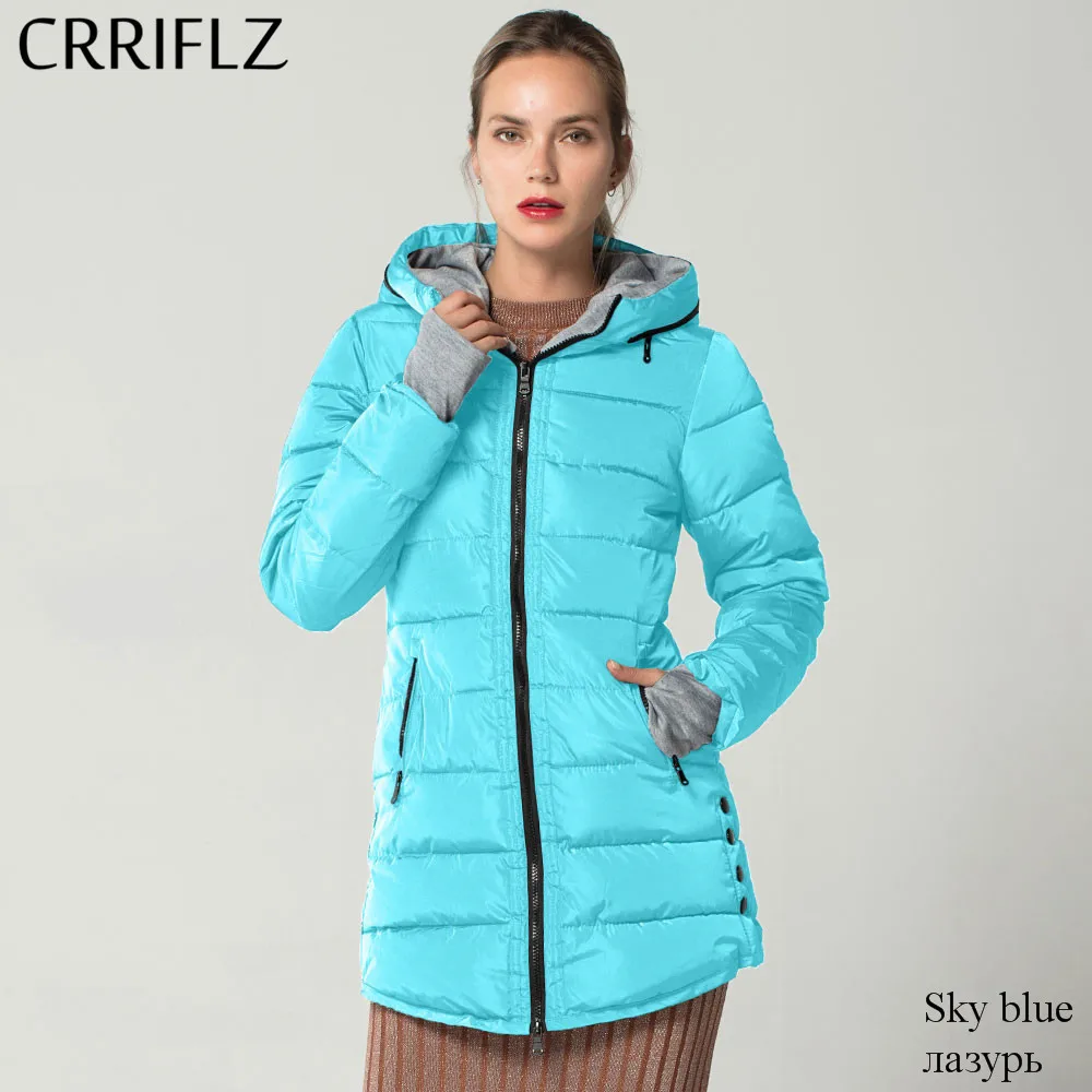 Повседневная женская зимняя куртка на молнии с капюшоном, пальто, тонкие теплые парки средней длины, Женская Базовая куртка, топы CRRIFLZ, Зимняя коллекция - Цвет: Небесно-голубой