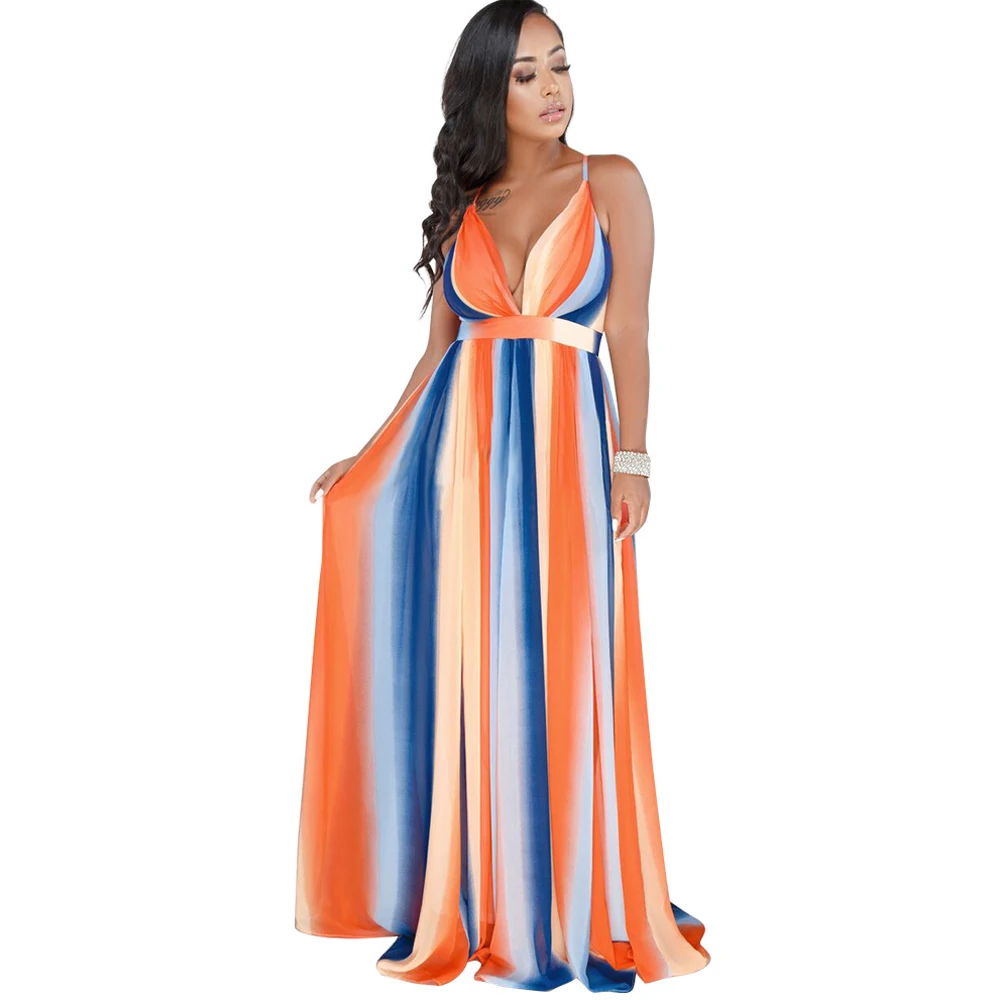 

chiffon printed loose dress ladies casual beach dress strap V-neck open back strap long dress large size S-2XL