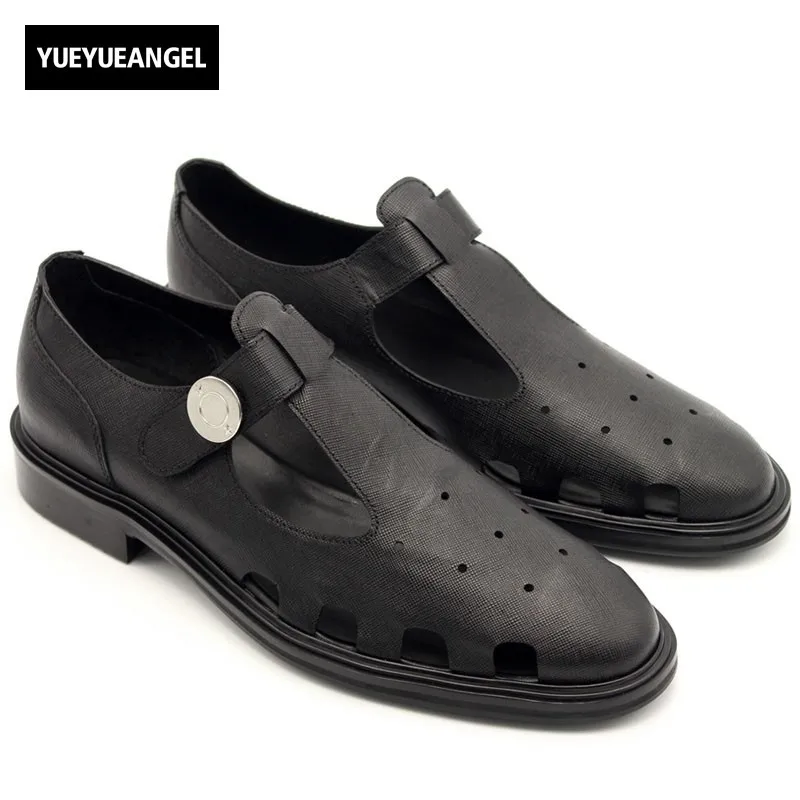 2018 New Mens Retro T Style Buckle Summer Sandals Top Quality Genuine Leather Runway Block Heels Shoes Hollow Out Dress Shoes 2018 New Mens Retro T Style Buckle Summer Sandals Top Quality Genuine Leather Runway Block Heels Shoes Hollow Out Dress Shoes