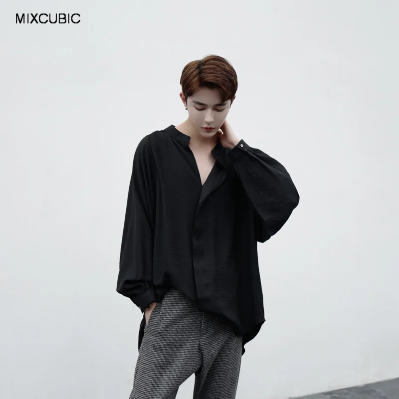 

MIXCUBIC Autumn England style Retro Retro literary unique Stand up Collar loose T shirts men black casual loose T-shirts for men
