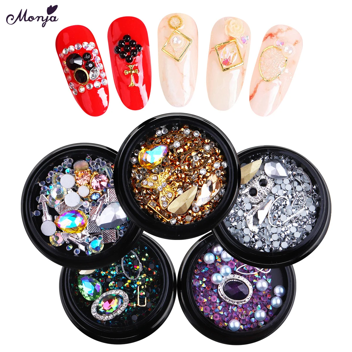 

Monja 5 Styles Nail Art Mixed Colorful Rhinestones Crystal Butterfly Owl 3D DIY Pearl Gems Shiny Metal Frame Manicure Diamonds