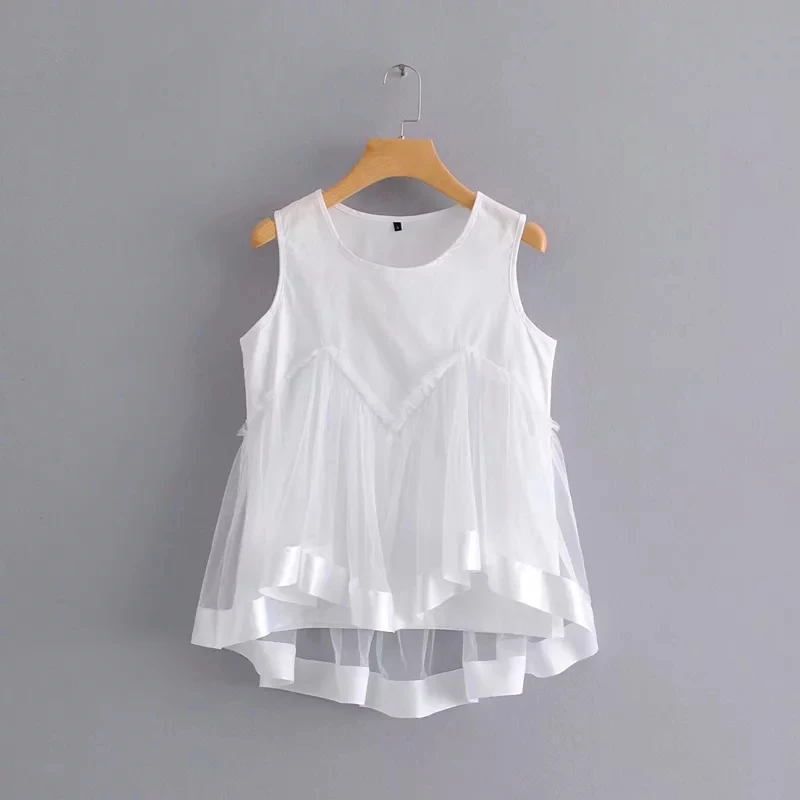 

Mesh Gauze Stitching Vest Blouse Women Round Neck Tops Female Loose White Shirt 2019 Summer Blusas Mujer S5796