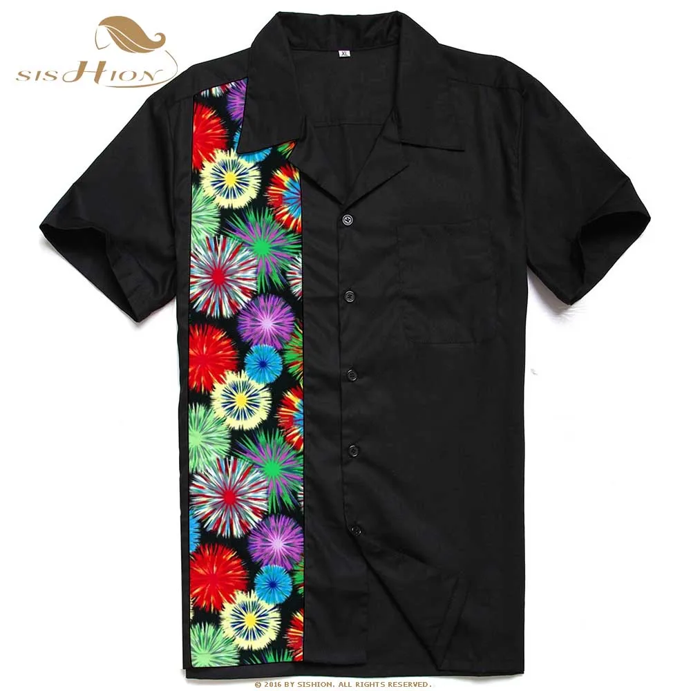 SISHION Men's Button Up Bowling Shirts Collar 50's Retro Vintage Fireworks Print 60's Chemise Homme ST110 Rockabilly Black Shirt