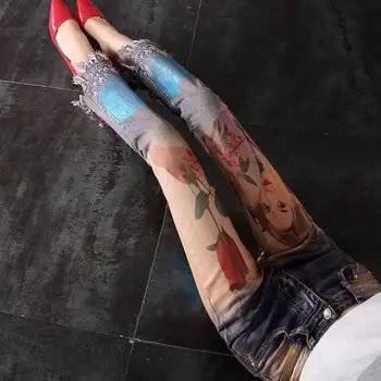 

Korean Style Fashion Women Ripped Tassel Painted Stretch Flare Jeans Trousers , Woman Summer Spring Embroidery Denim Pants