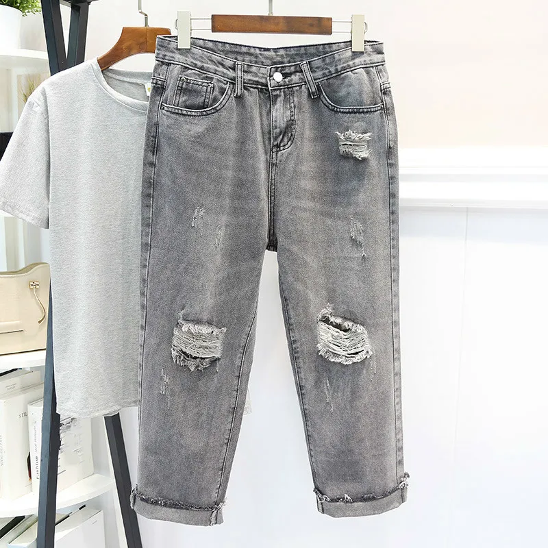 

Autumn Mom Jeans Women Retro Loose Denim Pants New High Waist Ripped Hole Pocket Casual Female Denim Trousers Plus Size 5XL