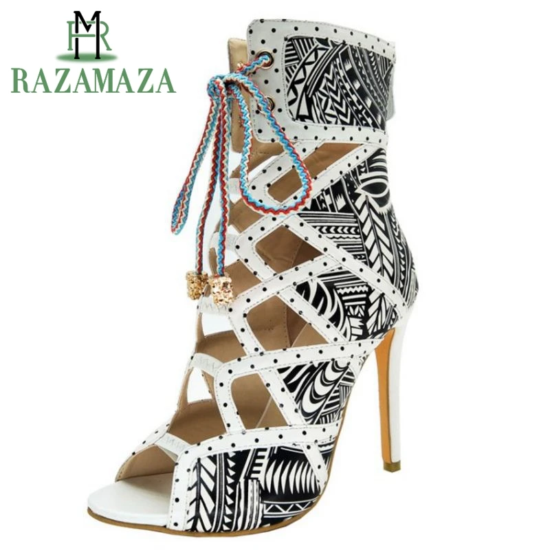 

RAZAMAZA Size 34-43 Woman Thin Heels Sandals Lace Up Peep Toe Shoes Zipper Women Sandals Gladiator Party New Design Footwear