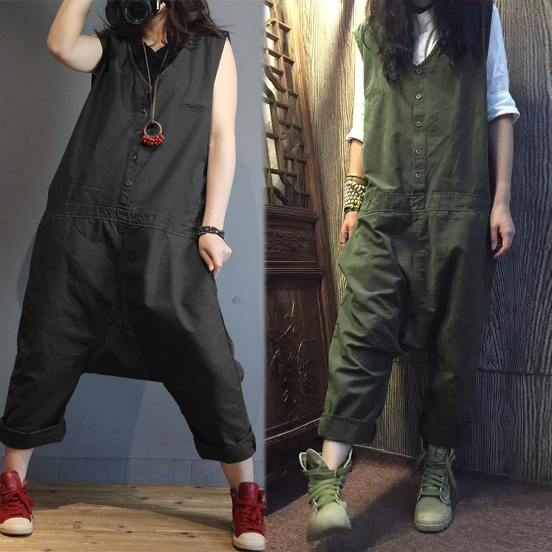 

2019 ZANZEA Linen Overalls For Women Jumpsuits Plus Size Female Sleeveless Casual Drop Crotch Rompers Button Pant Woman Pantalon