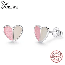 FOREWE 925 серебро розовое эмалированное сердце серьги для девочек Дети милые мини гвоздики женские украшения, серьги