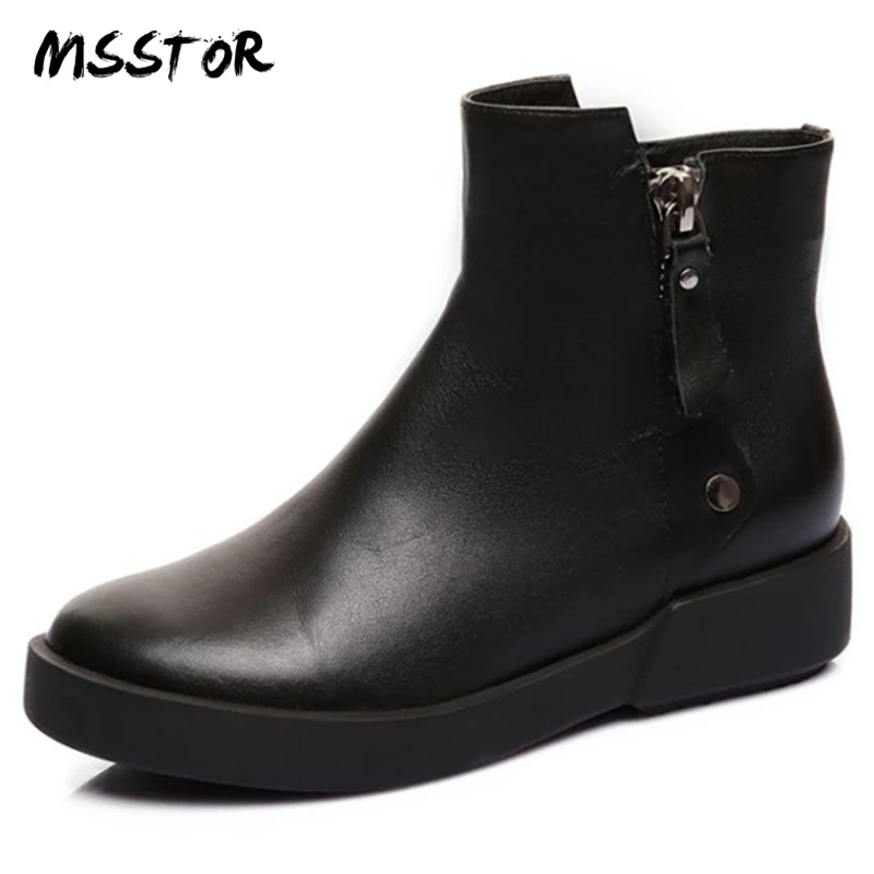 

MSSTOR Zipper Black Boots Square Heels Fashion Concise Genuine Leather Woman Shoes 2018 Spring Round Toe Casual Ankle Boots