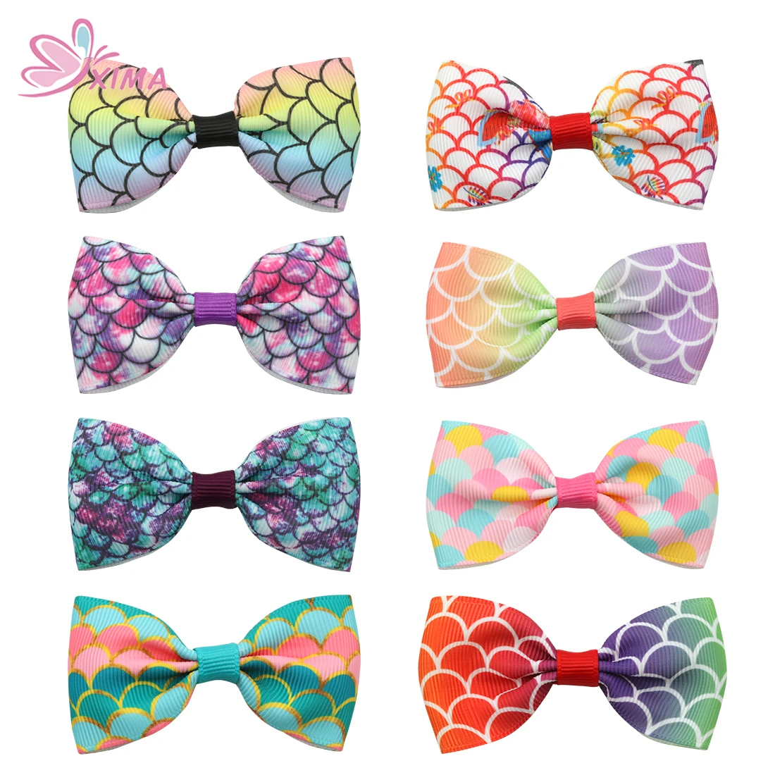 

XIMA 8pcs/lot 2.5inch Mermaid Party Bows Rainbow Hair Bows Girls Hairpins Hair Accessories Print Bows Clips for Teens Kids