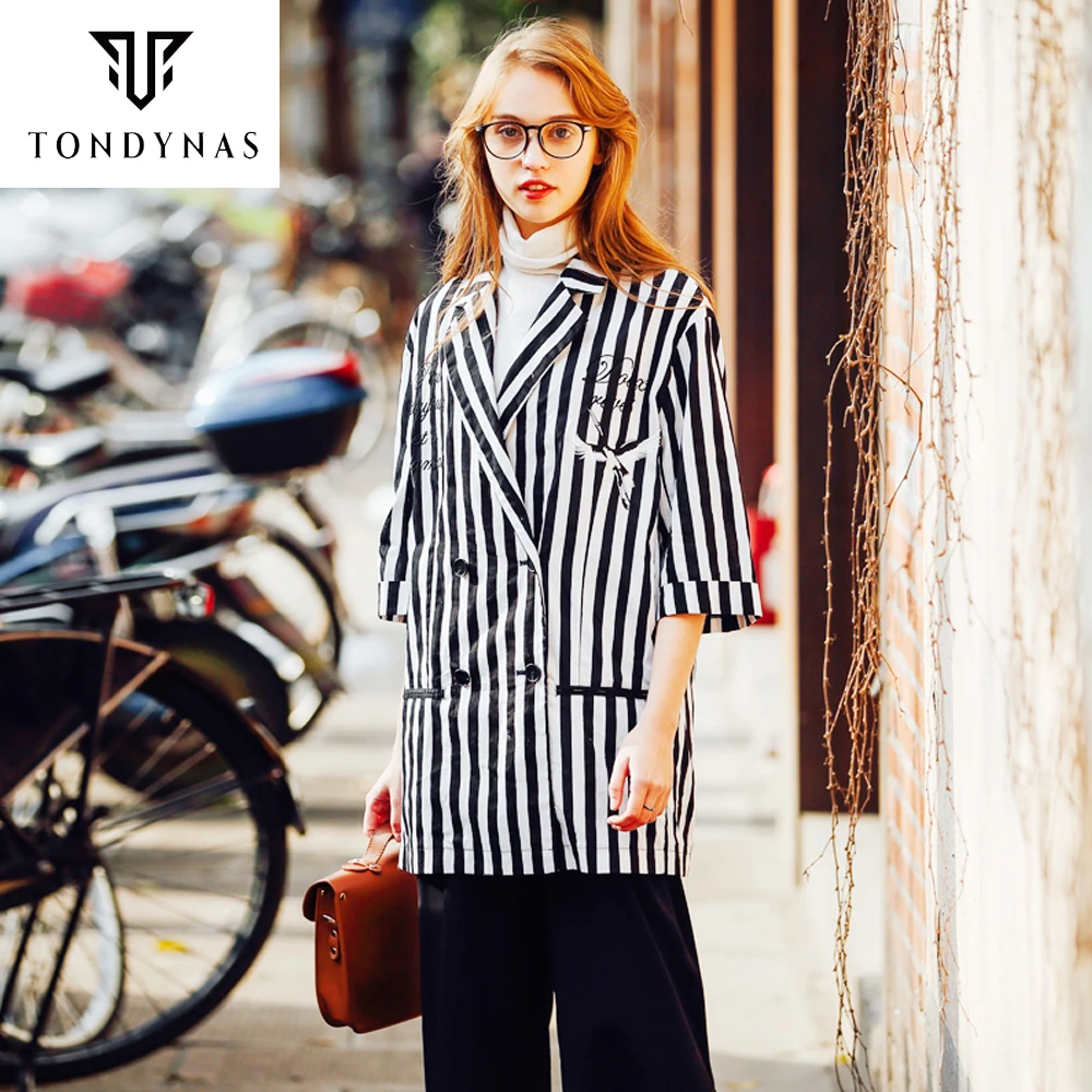 TONDYNAS Women striped black and white long blazers,female cotton half