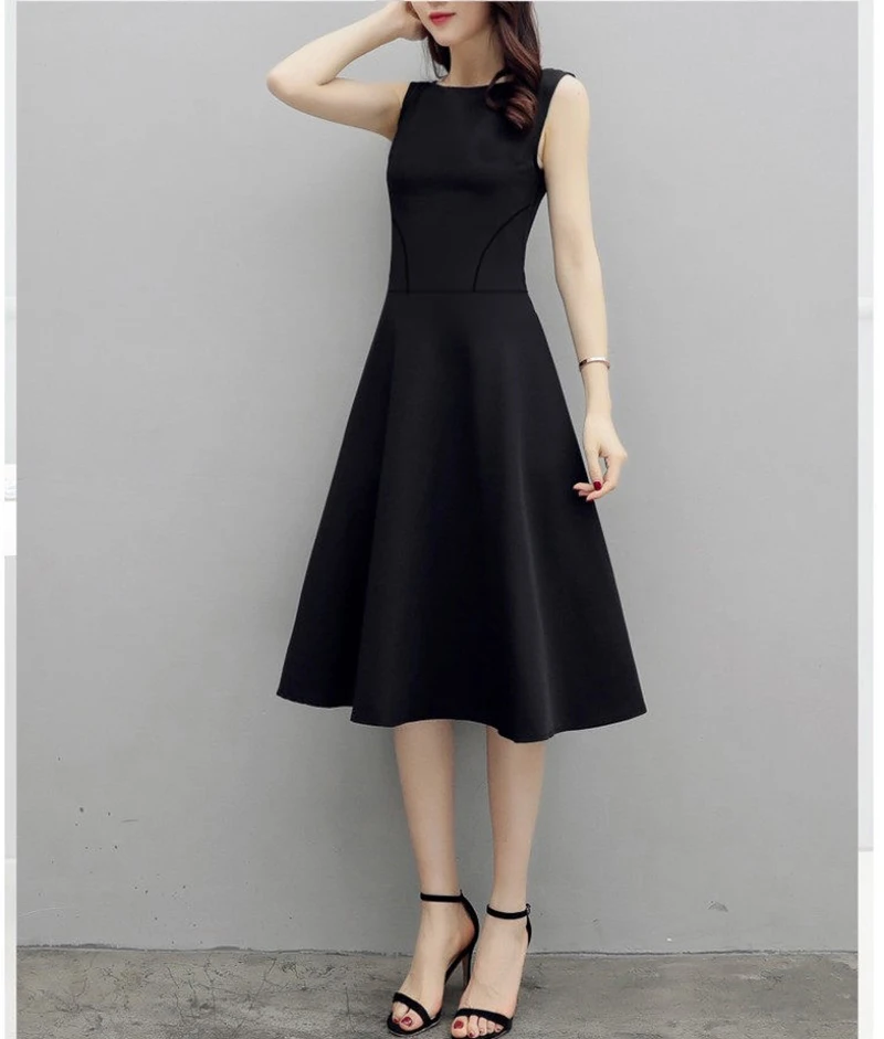 

Summer Slim Fashion Vintage Maxi Dress Solid Color Sleeveless Dresses Black Brief Charming Vestidos DF2542