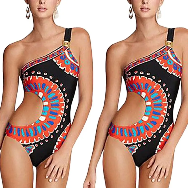 

Womens Sexy One Piece Triangle Bikini One Shoulder Push Up Padded Monokini Indian Style Colored Graffiti Cutout Waist Swimsuit