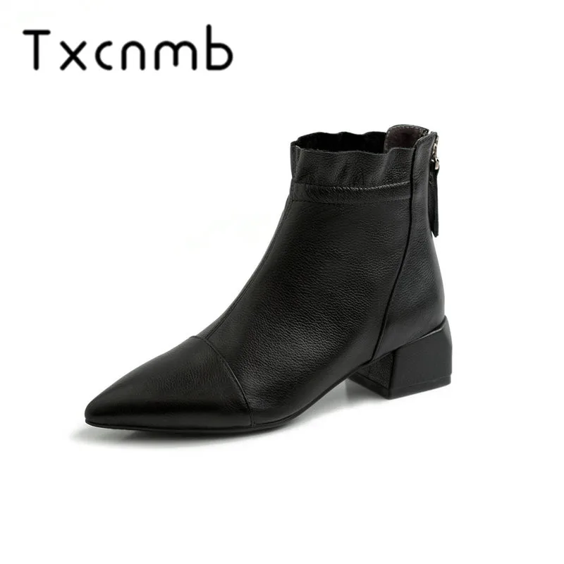 

TXCNMB 100% Cow Leather Women Ankle Boots Poined Toe 4cm Thick Heels Elegant Ladies Work Shoes Woman Black Large Size 40